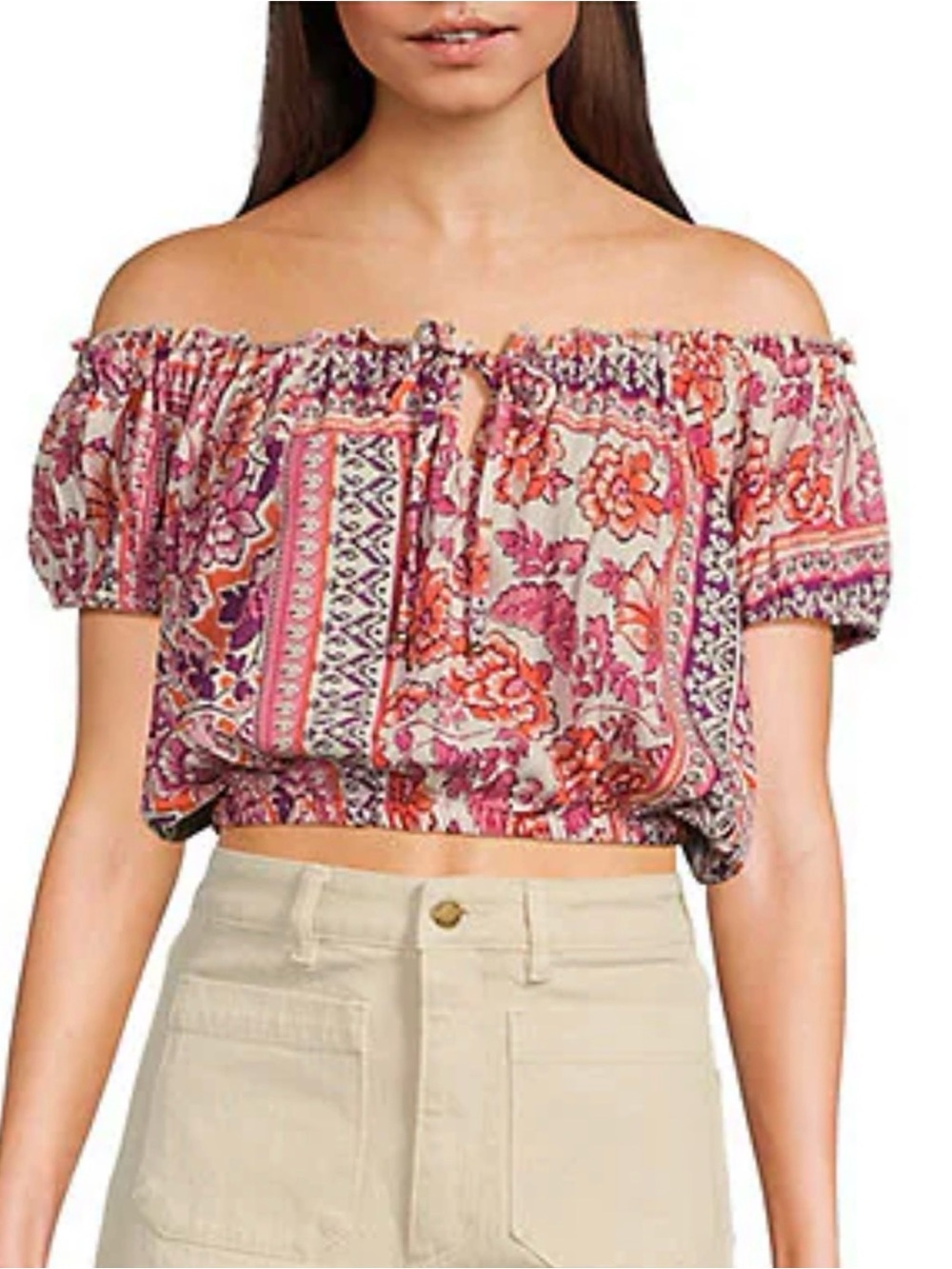 Angie Patch Print Off-The-Shoulder Cap Sleeve Crop Top, Large